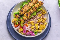 Greek Chicken Kebab Bowl with Tzatziki and Lemon Rice