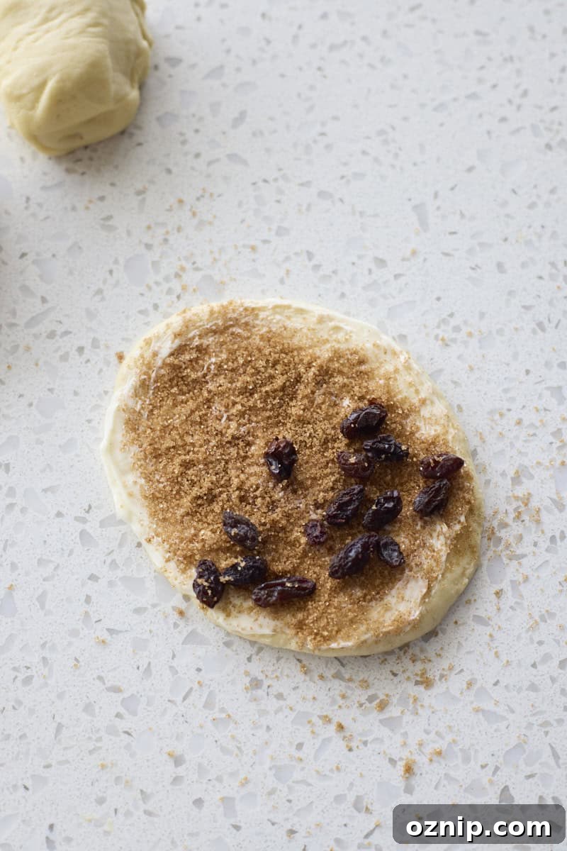 Dough piece sprinkled with cinnamon sugar and raisins.