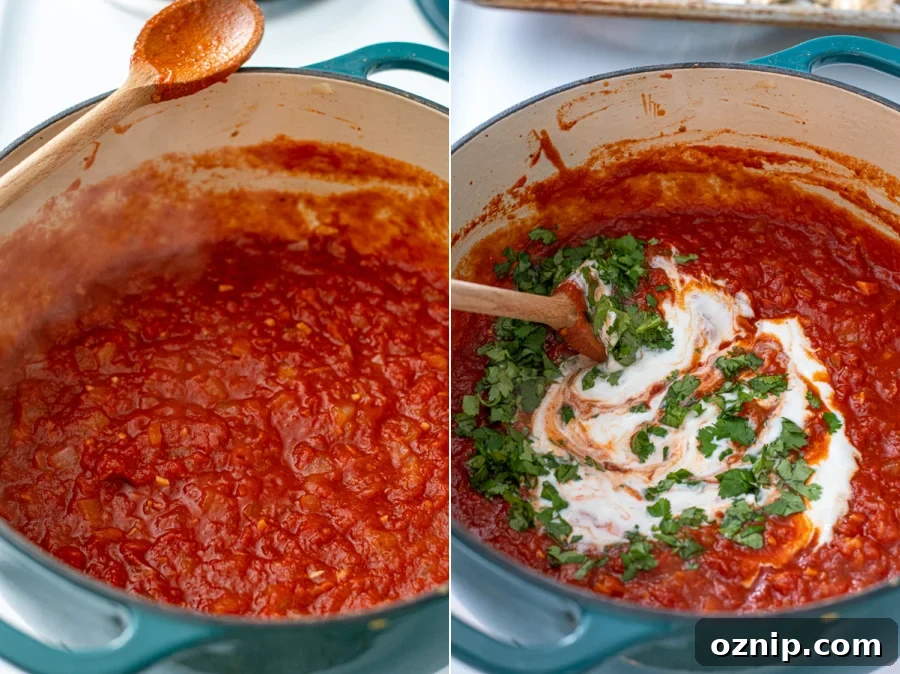 The sauce simmered down slightly and adding plain yogurt and fresh cilantro.