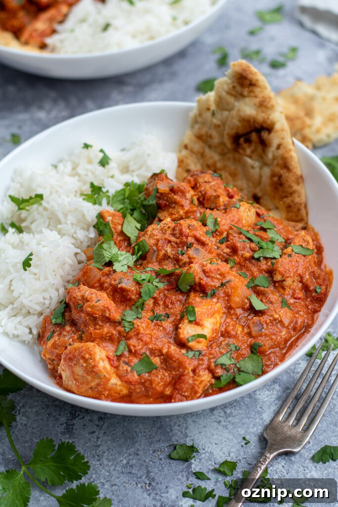 Close up of a bowl of chicken tikka masala with rice, naan, and cilantro garnish.