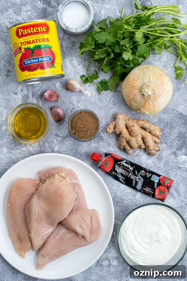 All the ingredients needed to make chicken tikka masala laid out on a table top.