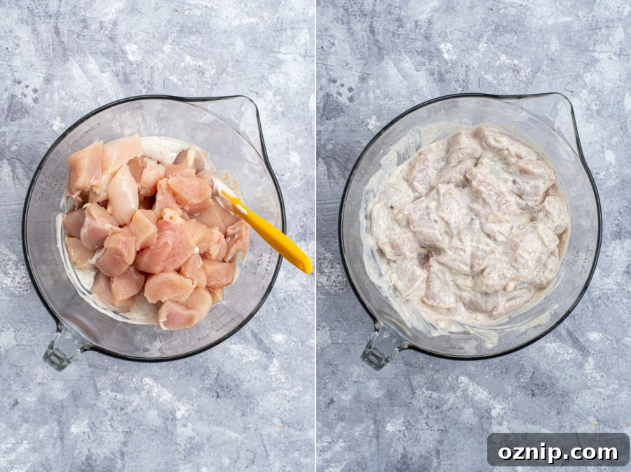Adding the chicken to the yogurt marinade for the tikka masala.