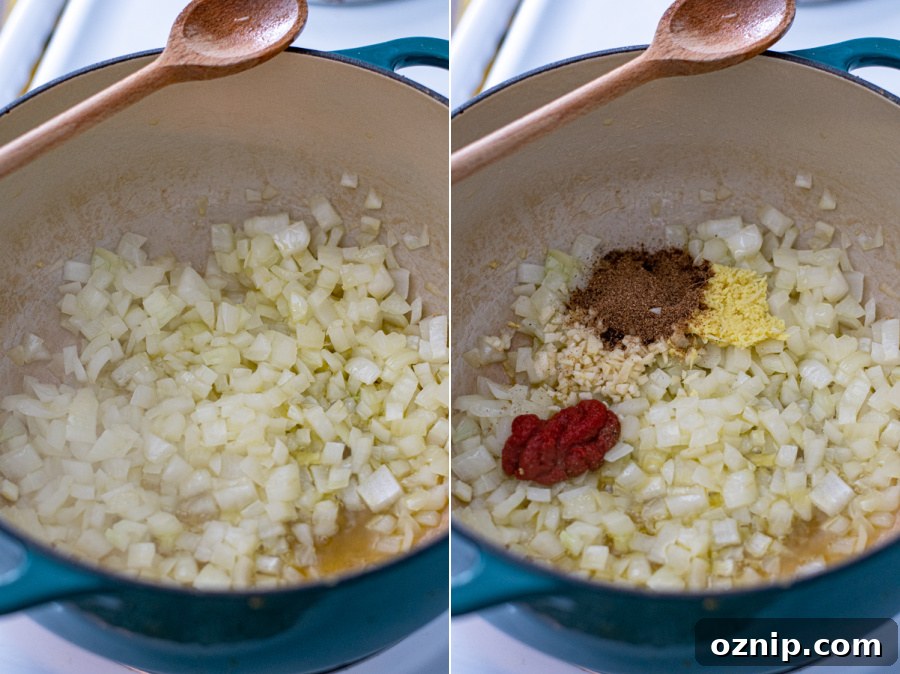 Steps showing cooking the diced onion in oil and adding the tomato paste, ginger, garlic, and garam masala.