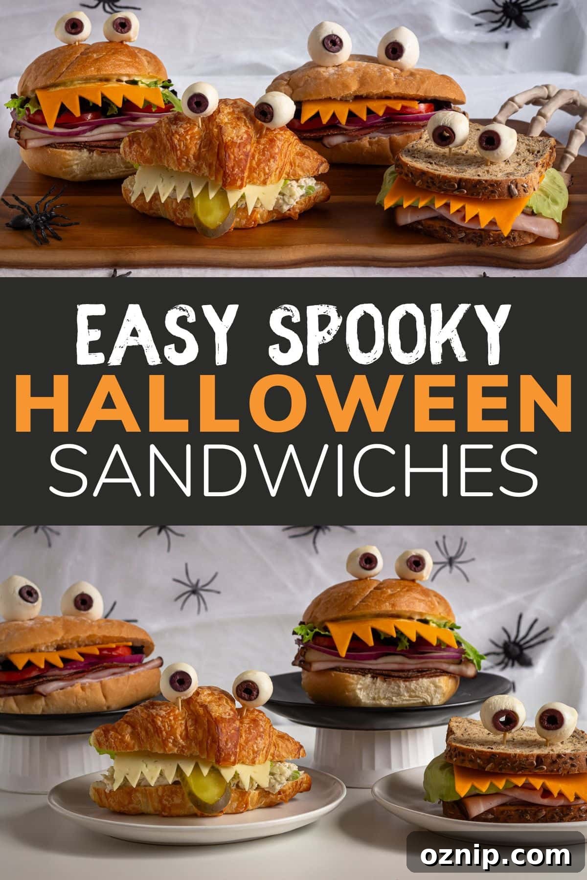 Collage graphic of Halloween sandwich ideas with text overlay that reads "Easy Spooky Halloween Sandwiches".