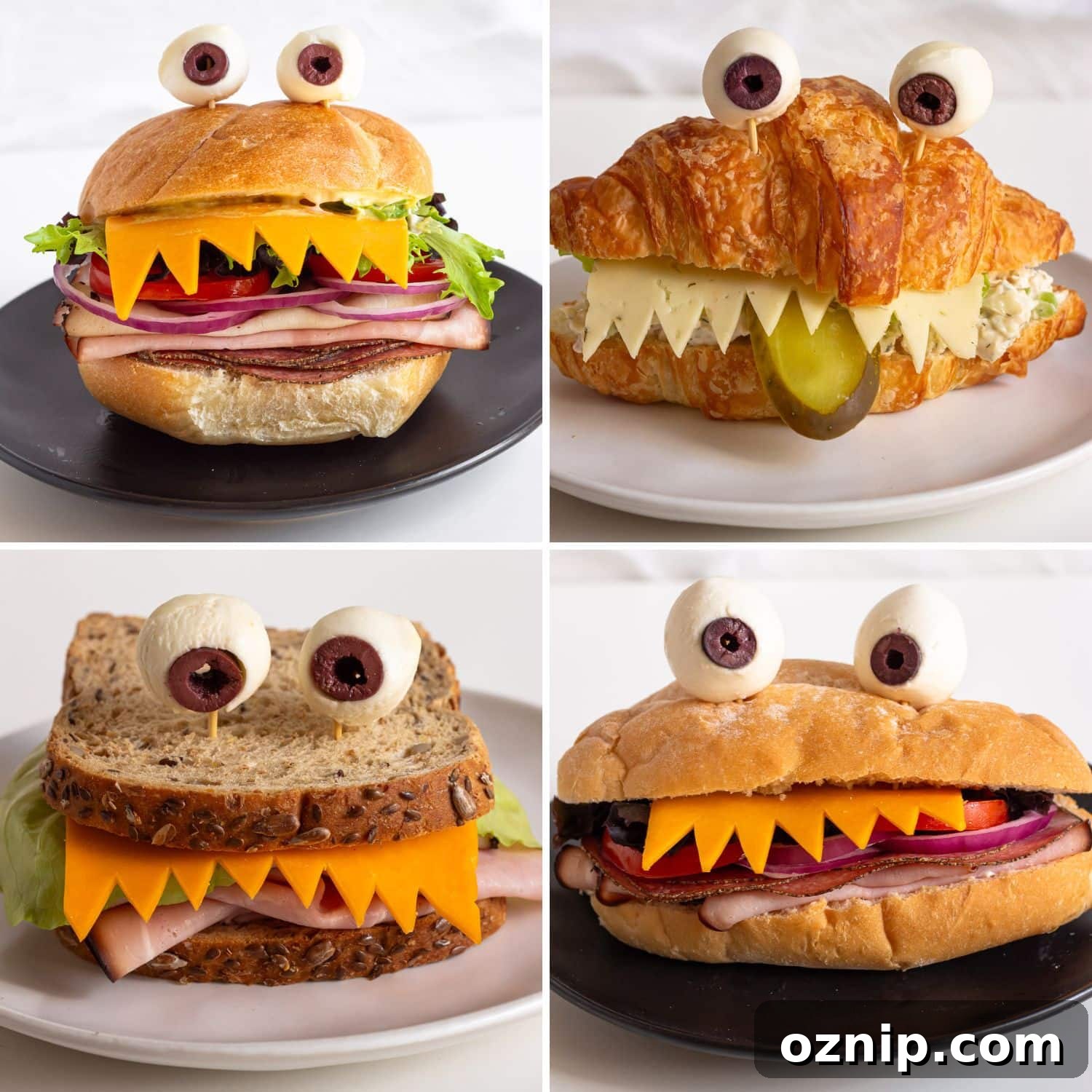 Photo collage of four Halloween monster sandwich ideas.
