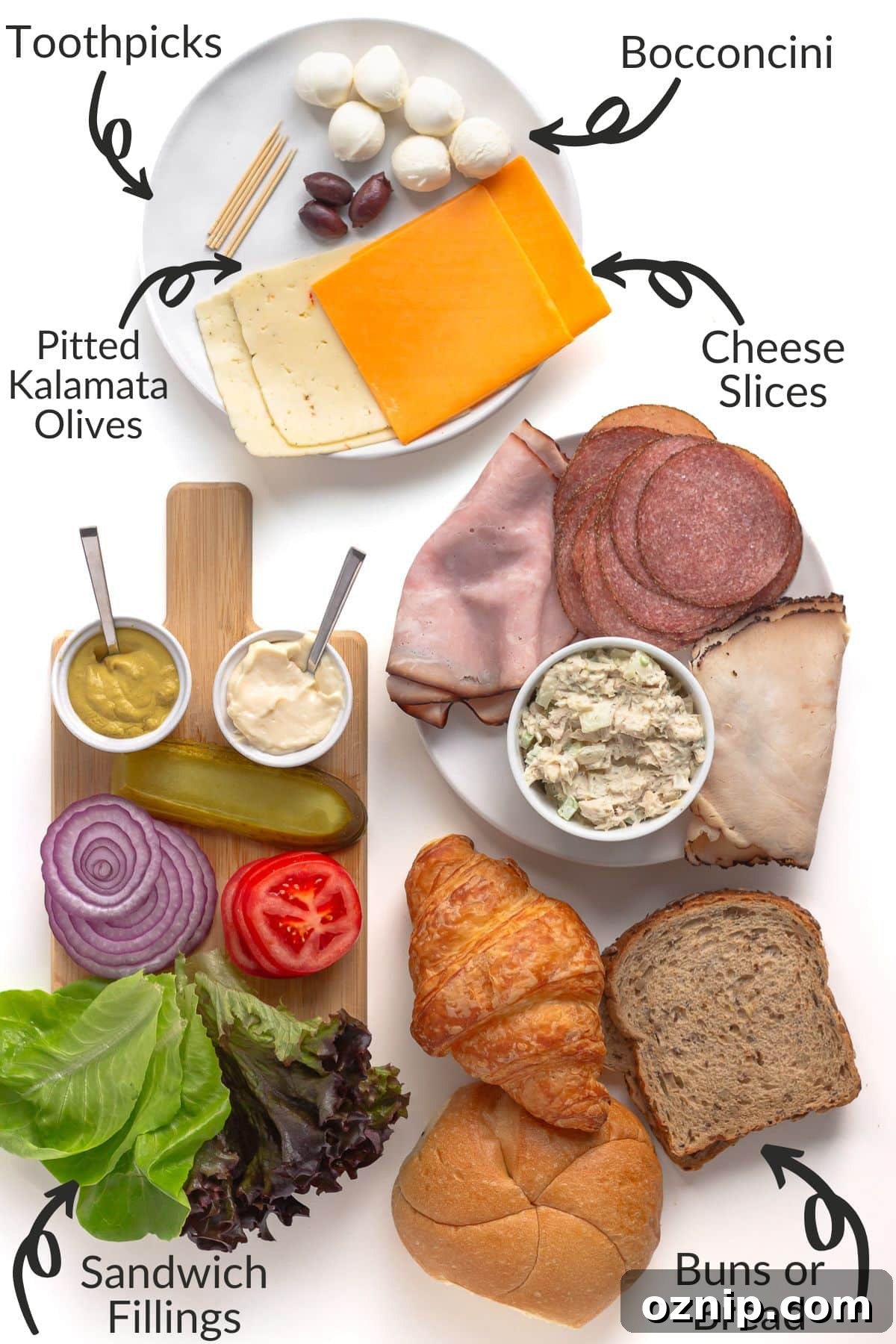 Labelled photo of ingredients to make easy Halloween sandwiches.