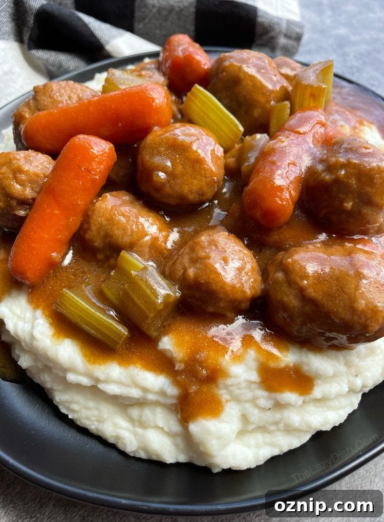 Savory Meatball Pot Roast Recipe 2 Delicious family dinner recipe made in your slow cooker with budget ingredients! This frozen meatball pot roast is easy to make, versatile, and only takes 10 minutes to prep.
