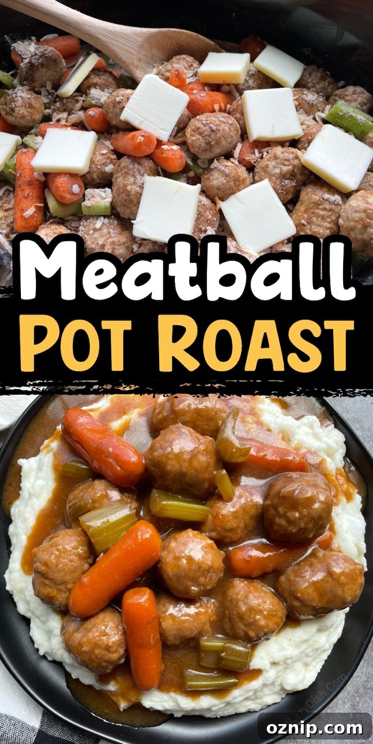 Savory Meatball Pot Roast Recipe 10 Are you looking for quick and easy dinner recipes made with few ingredients? Your family is going to love this slow cooker meatball pot roast!