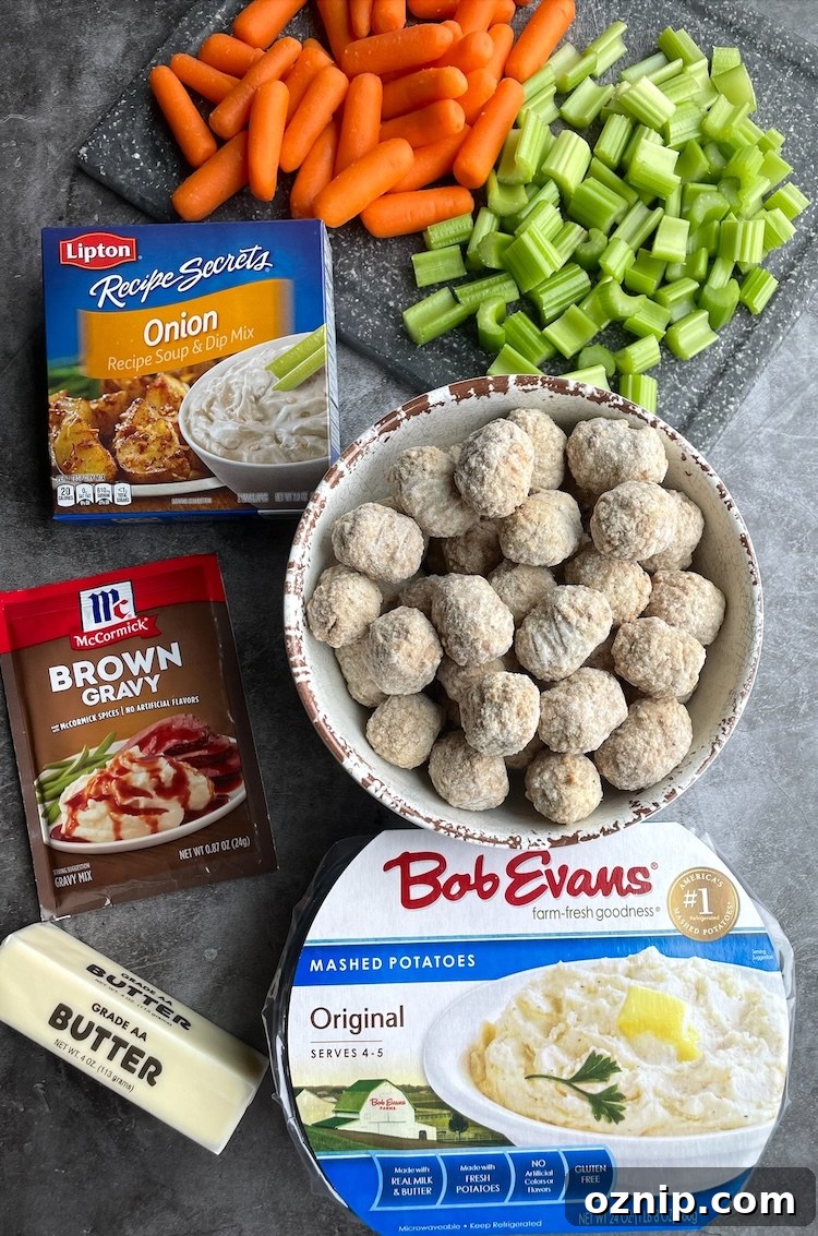 Savory Meatball Pot Roast Recipe 13 How to make a slow cooker pot roast with just a few basic ingredients: frozen meatballs, carrots, celery, onion soup mix, brown gravy mix, and butter.