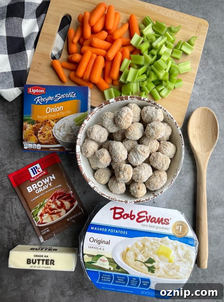 Savory Meatball Pot Roast Recipe 3 List of ingredients needed to make an easy meatball pot roast: frozen meatballs, carrots, celery, onion soup mix, brown gravy mix, butter, and mashed potatoes.