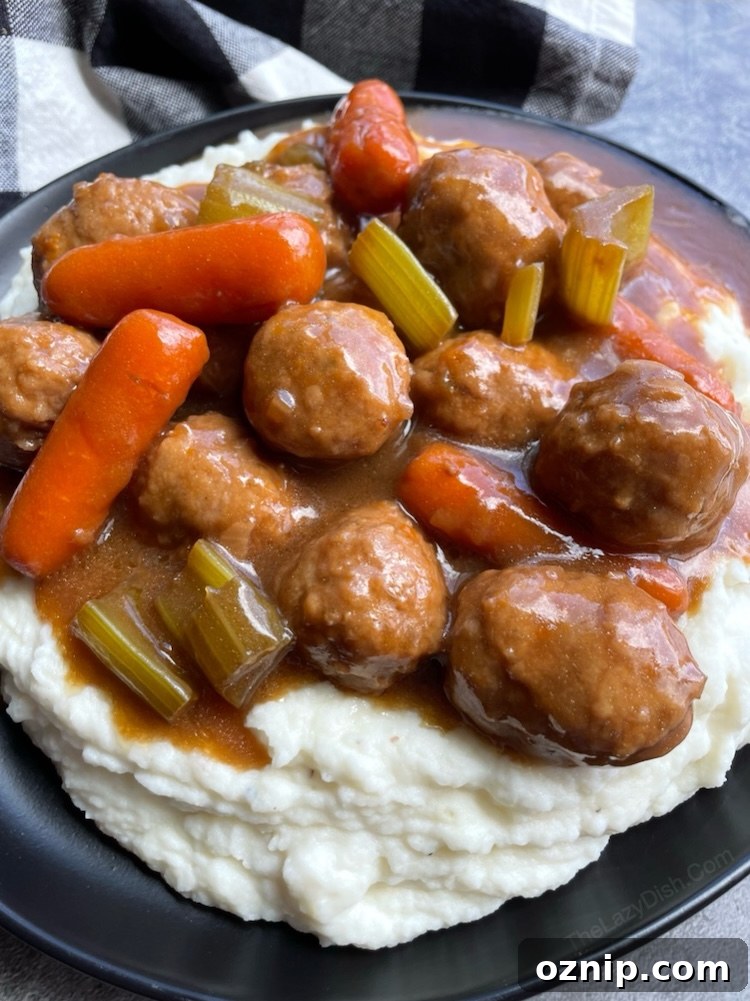 Savory Meatball Pot Roast Recipe 7 Creative dinner idea made with frozen meatballs in a crockpot to make the most delicious pot roast.