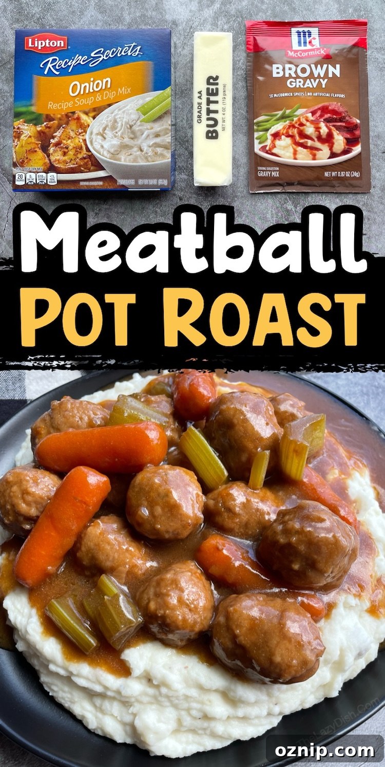 Savory Meatball Pot Roast Recipe 9 Budget friendly, quick to prepare, kid approved, and delicious! This frozen meatball pot roast is so easy to make ahead of time and amazing served over mashed potatoes. Yummy comfort food for dinner!