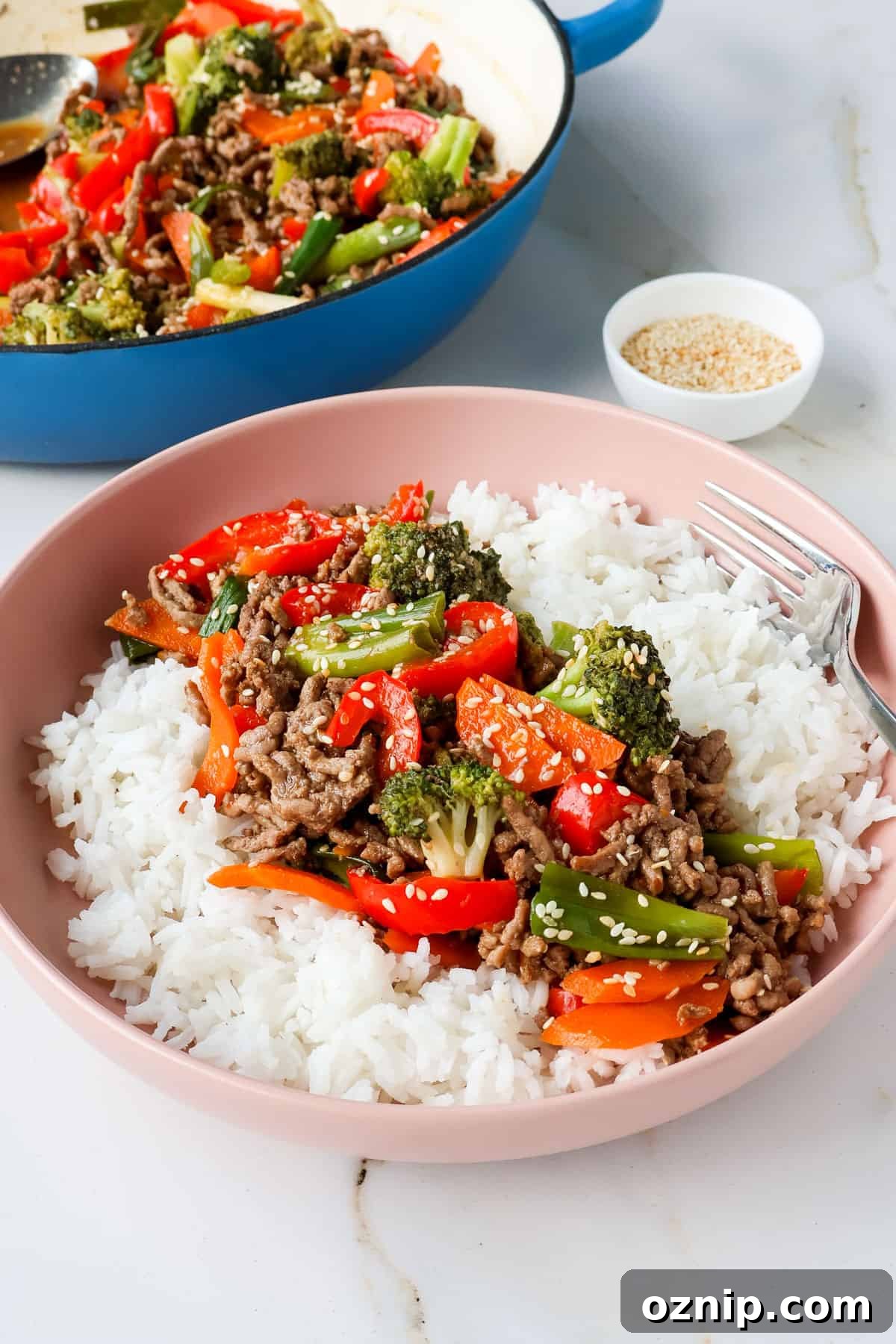 Teriyaki Beef Bowls with Rice and Vegetables 3 Side shot of teriyaki beef veggie bowl.