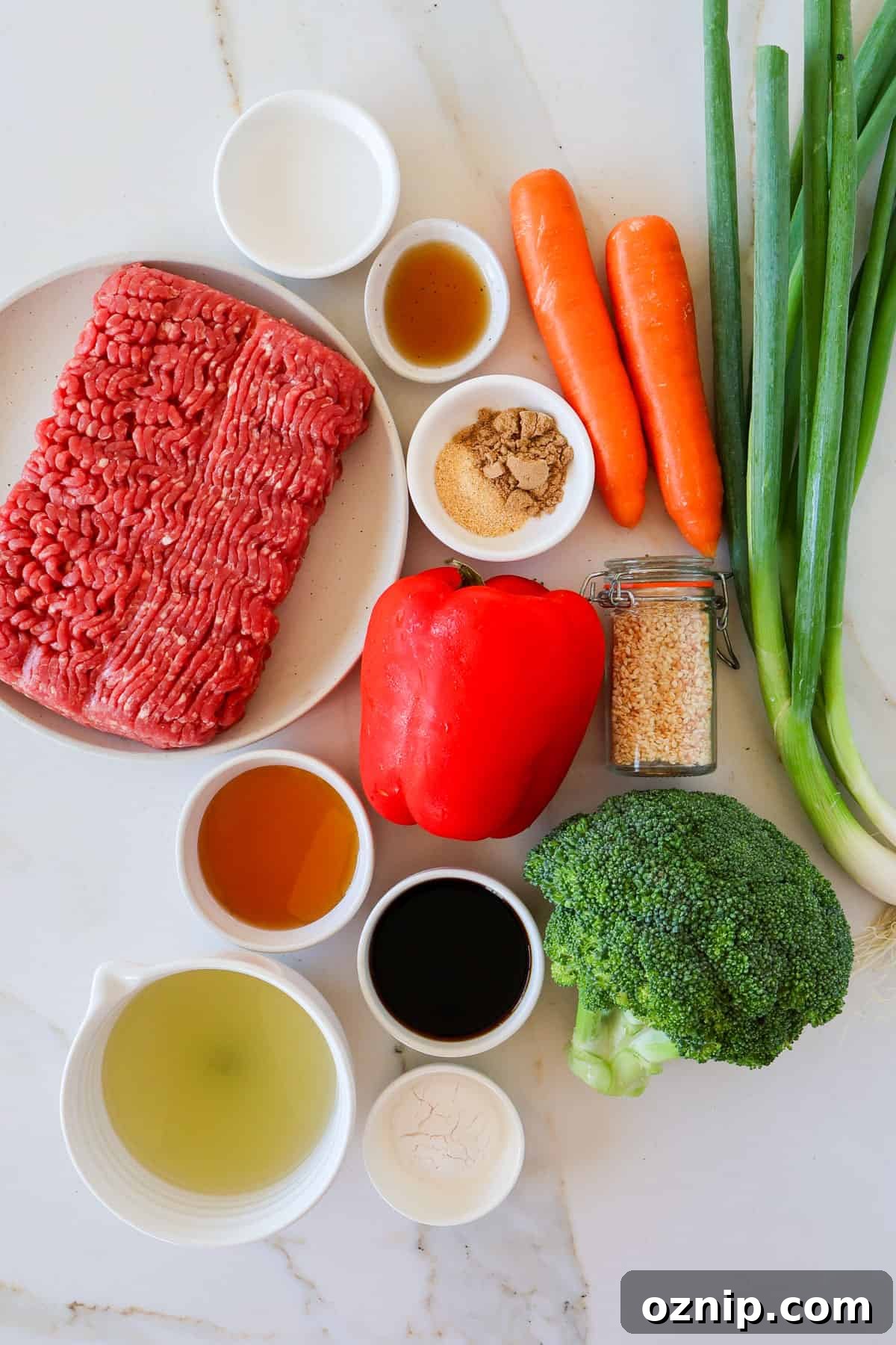 Teriyaki Beef Bowls with Rice and Vegetables 4 Ingredients shown to make the recipe.