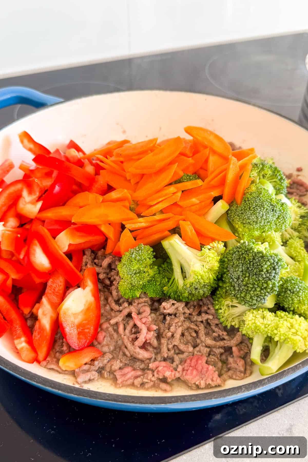 Teriyaki Beef Bowls with Rice and Vegetables 7 Broccoli, peppers and carrots added to the pan.
