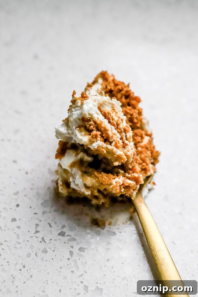 Spoonful of biscoff cookies and yogurt on a gold spoon.