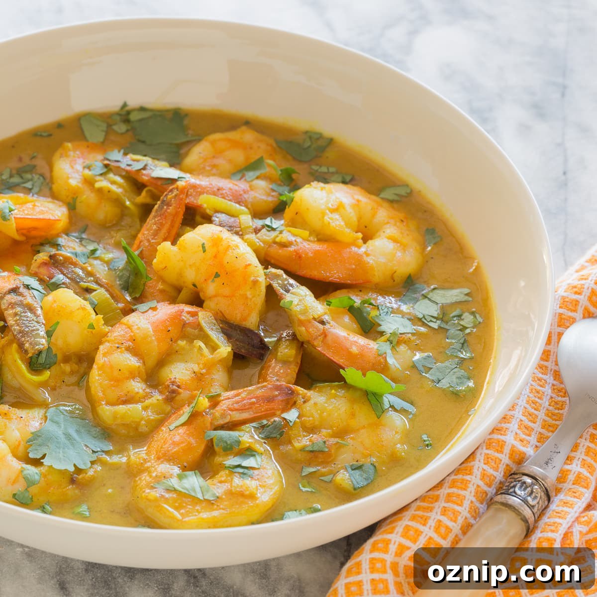 Orangey colored coconut curry shrimp in a bowl.
