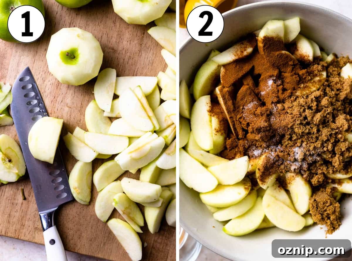 How to make baked apples, showing slicing the apples and coating in the cinnamon mixture.