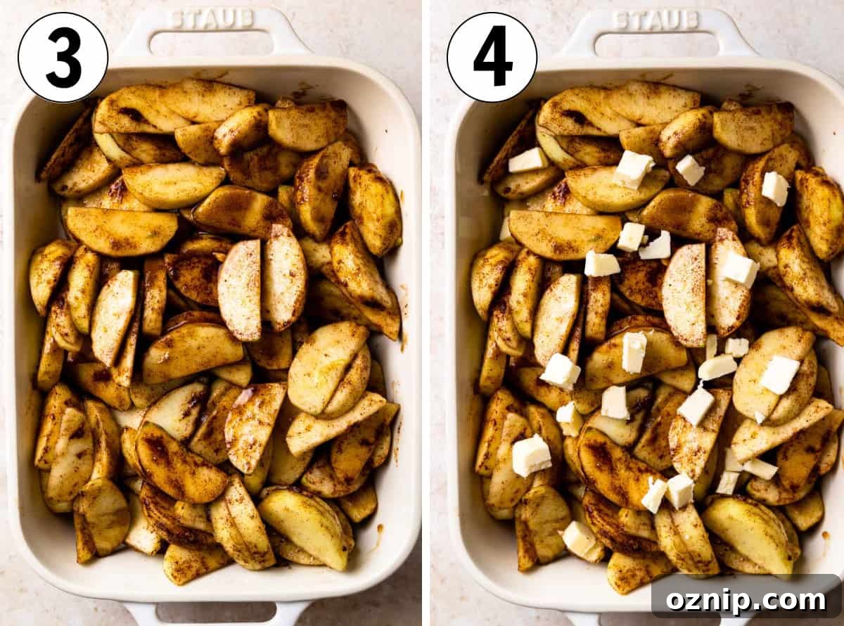 How to make baked apples, showing adding apples to baking dish and then topping with slices of butter before baking.