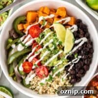 cauliflower rice burrito bowl with black beans and sweet potatoes