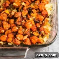 sweet potato hash in a glass casserole dish