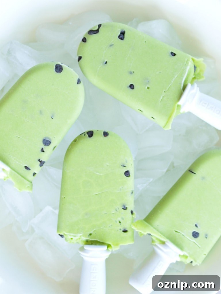 Mint Chocolate Chip Pea Pops on sticks