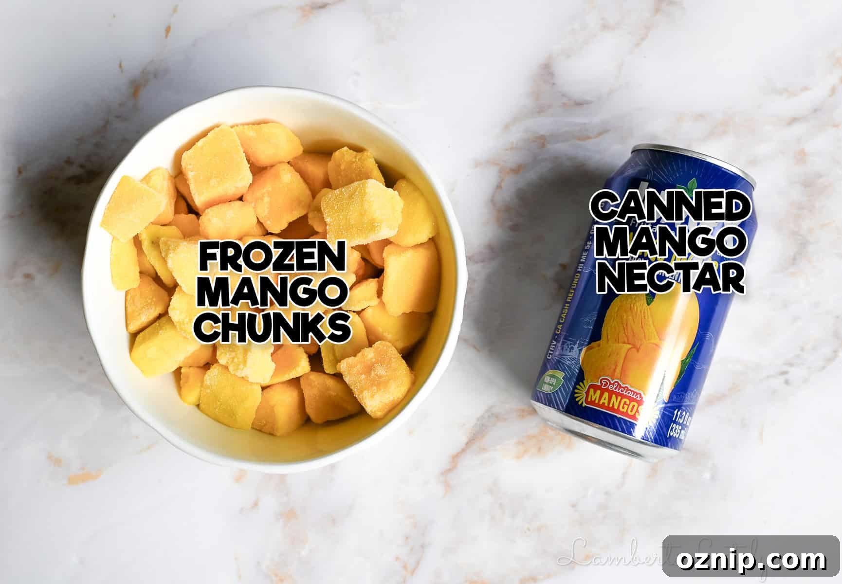 2 Ingredient Ninja Creami Mango Sorbet Recipe 5 2 ingredients for mango sorbet - frozen mango chunks and canned mango nectar.