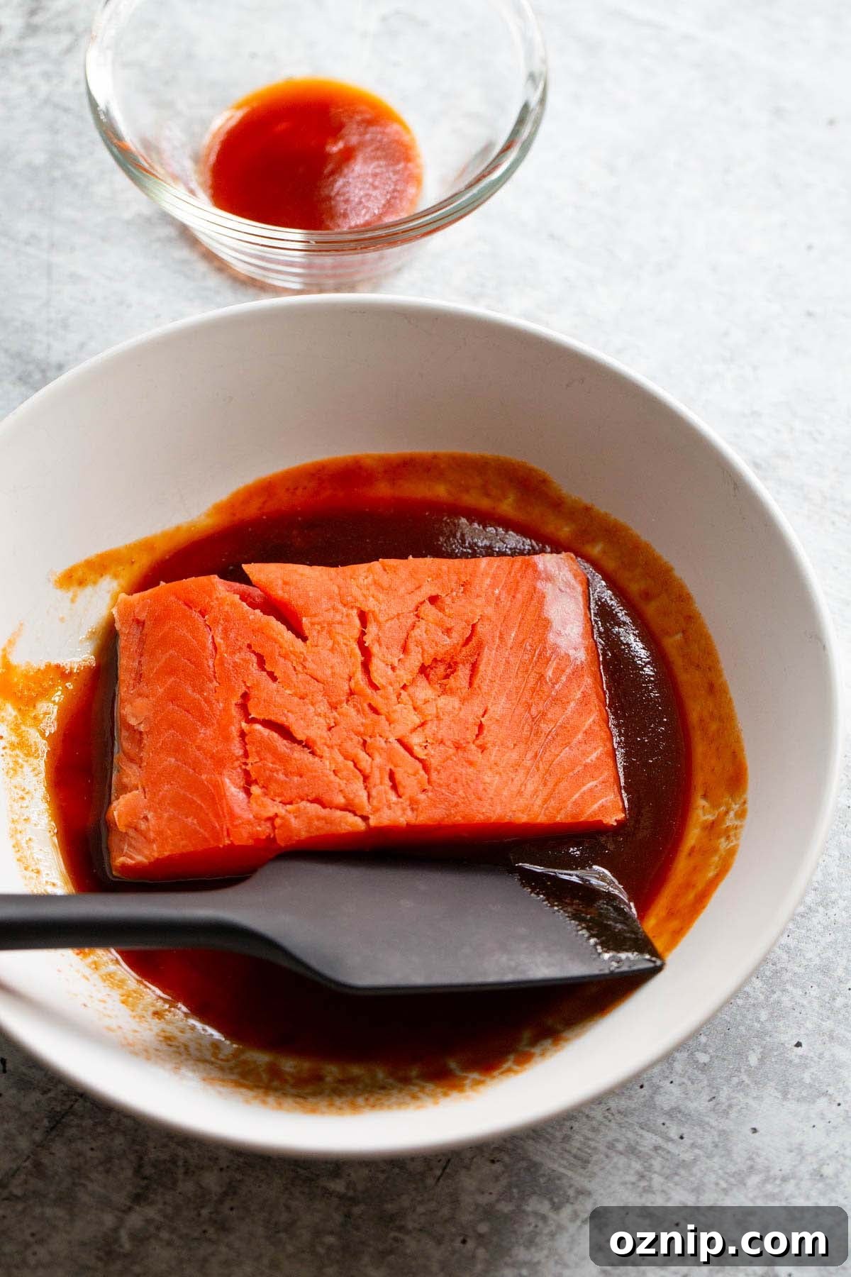Salmon in sriracha sauce.