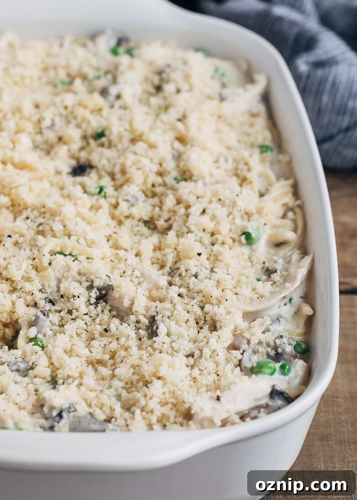 unbaked pan of turkey tetrazzini with parmesan panko