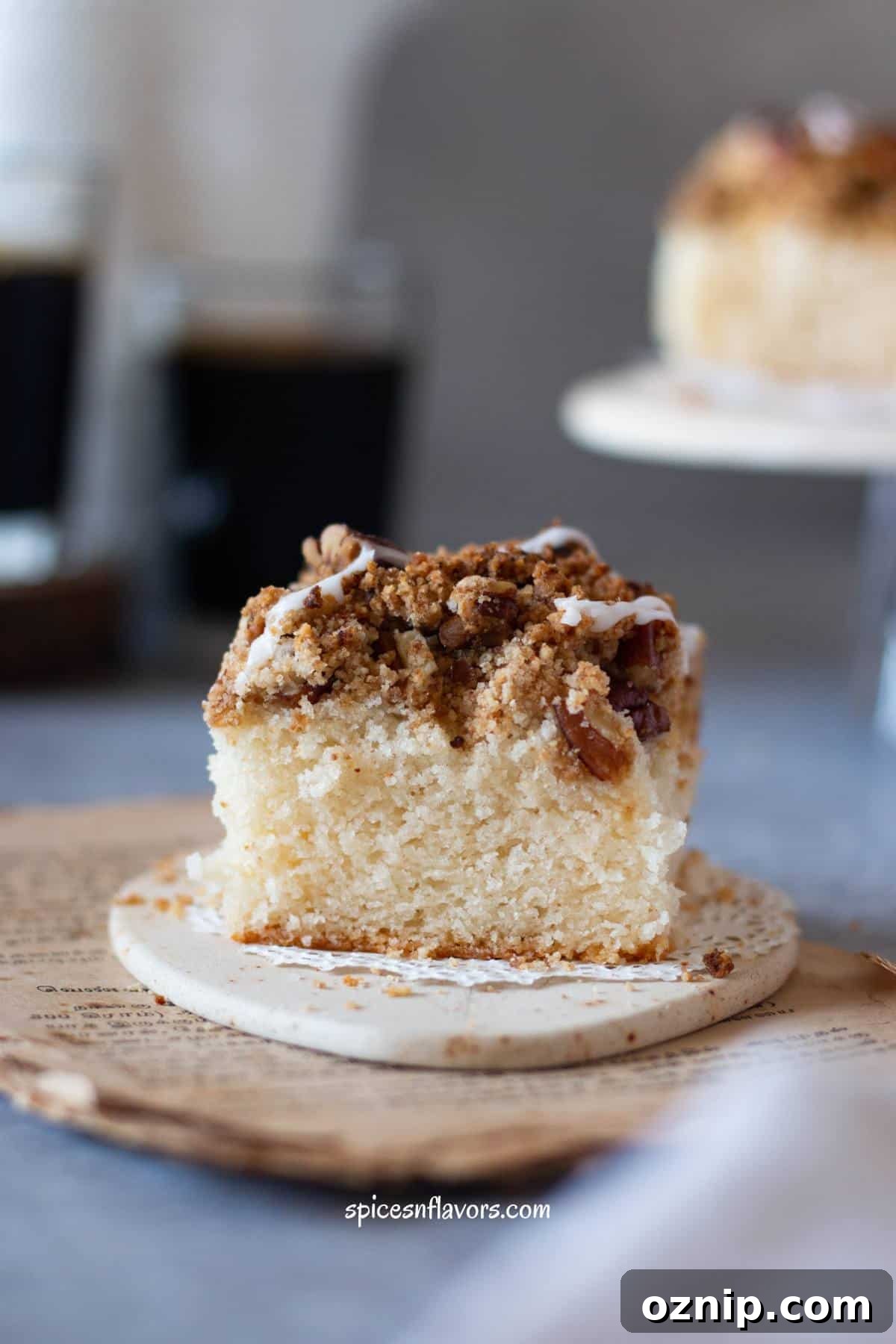 Egg-Free Coffee Cake Made with Cake Mix 10 sliced cake placed on dolly papper