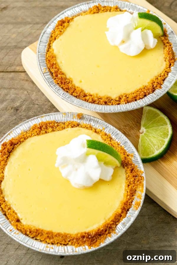 two small yellow pies in graham crusts topped with whipped cream and quarter lime slice.