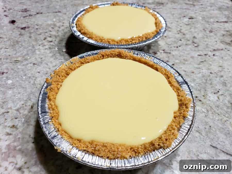 two small graham crusts filled with creamy yellow key lime pie filling.