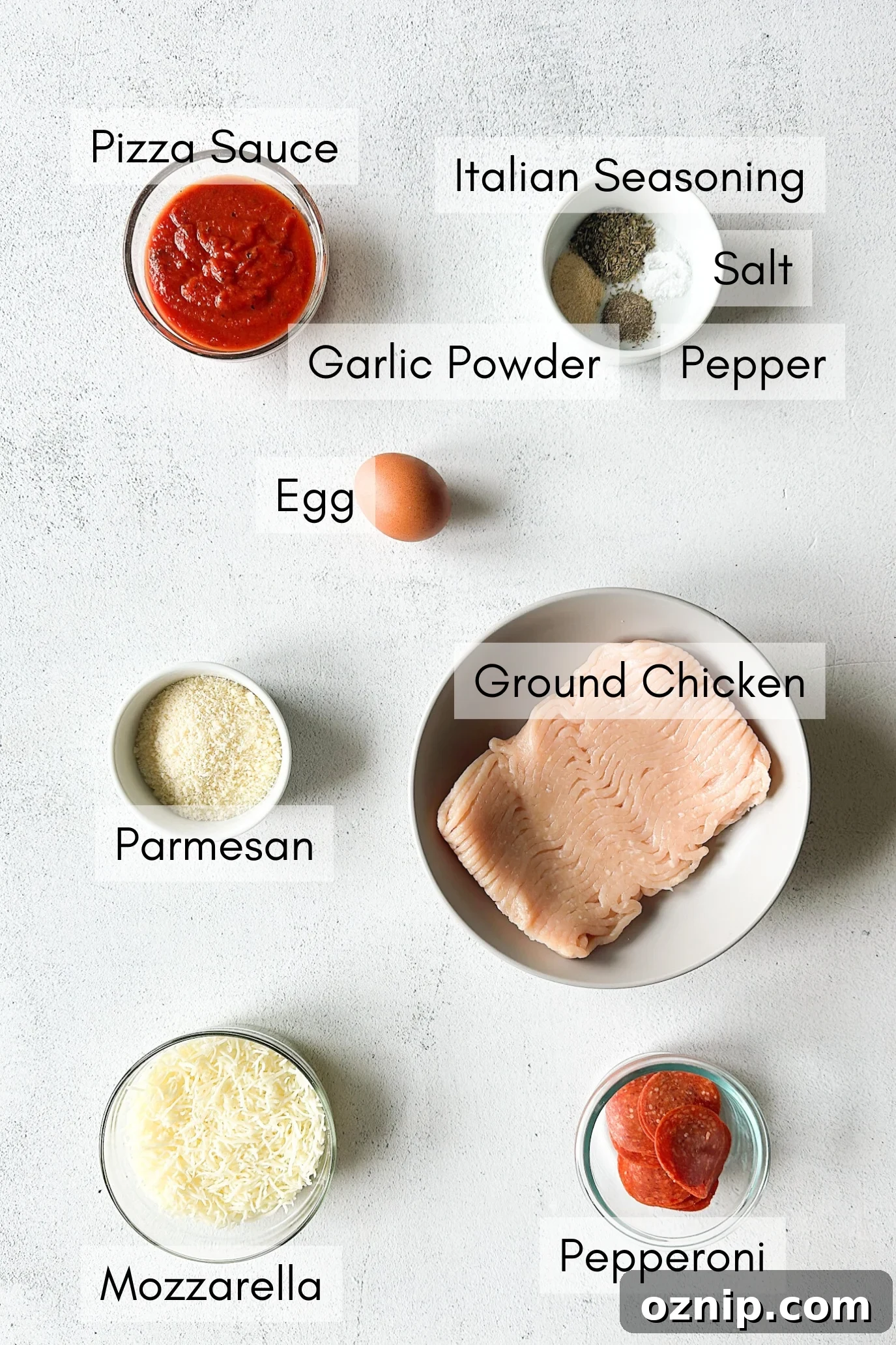 Ingredients to make chicken crust pizza.