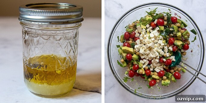 images showing how to make dressing and and chickpea avocado salad