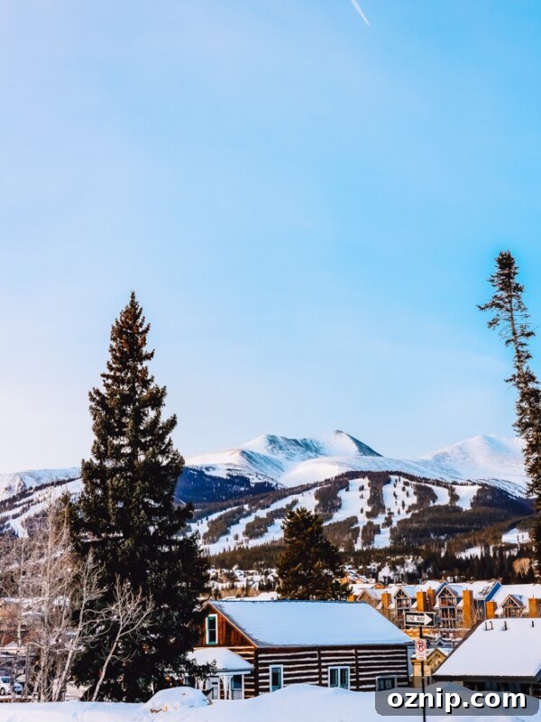 A view of The Ranahan By Welk Resorts ski resort in Breckenridge, Colorado, with snow covered trees and mountains in the background.