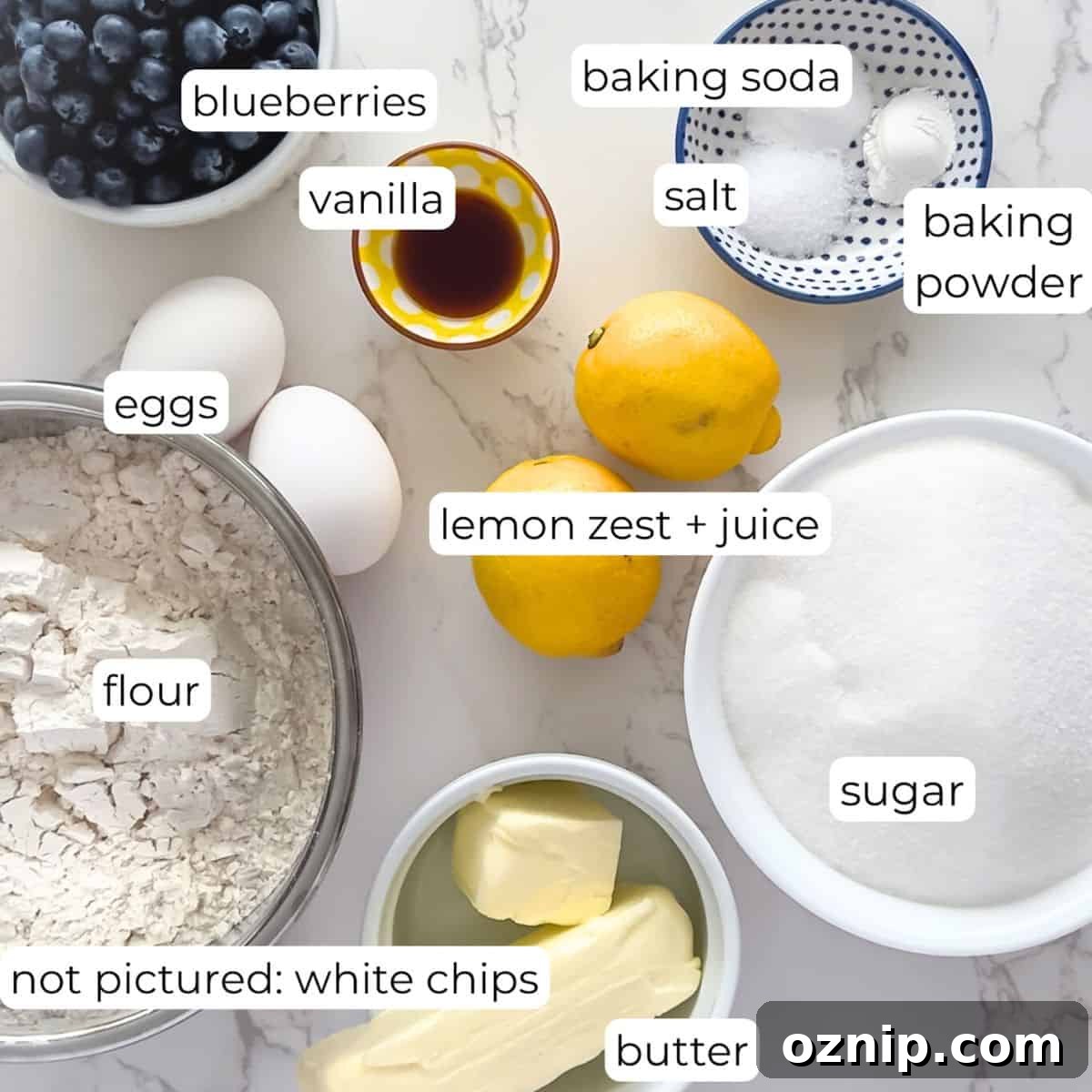 ingredients to make lemon blueberry cookies.