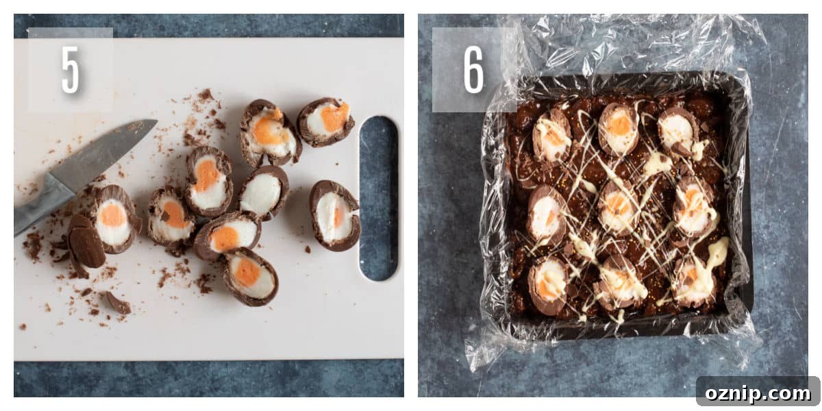 No-Bake Cadbury Creme Egg Tiffin Recipe 5 Chocolate tiffin decorated with halved creme eggs.