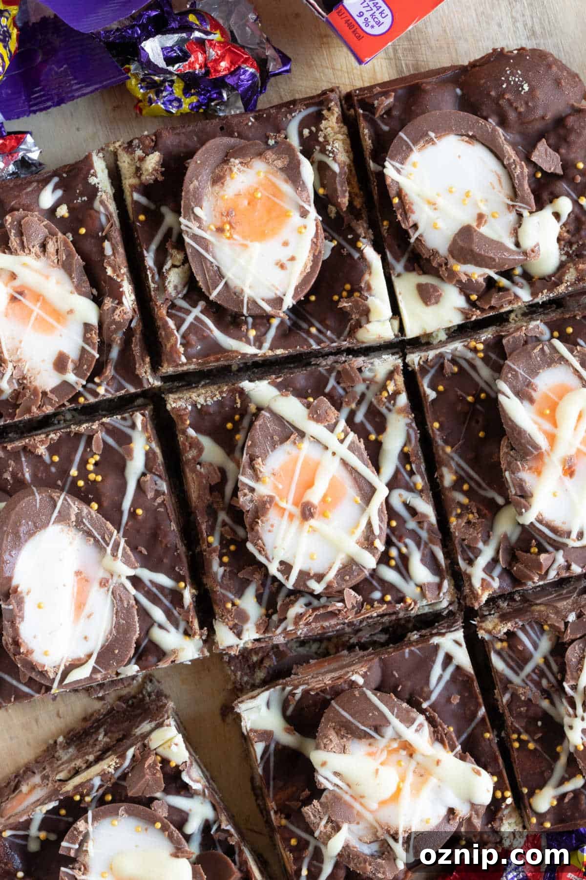No-Bake Cadbury Creme Egg Tiffin Recipe 6 Sliced cream egg tiffin bars.