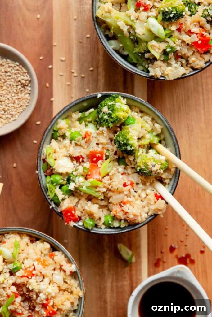 fried rice with cauliflower rice, brown rice, and broccoli