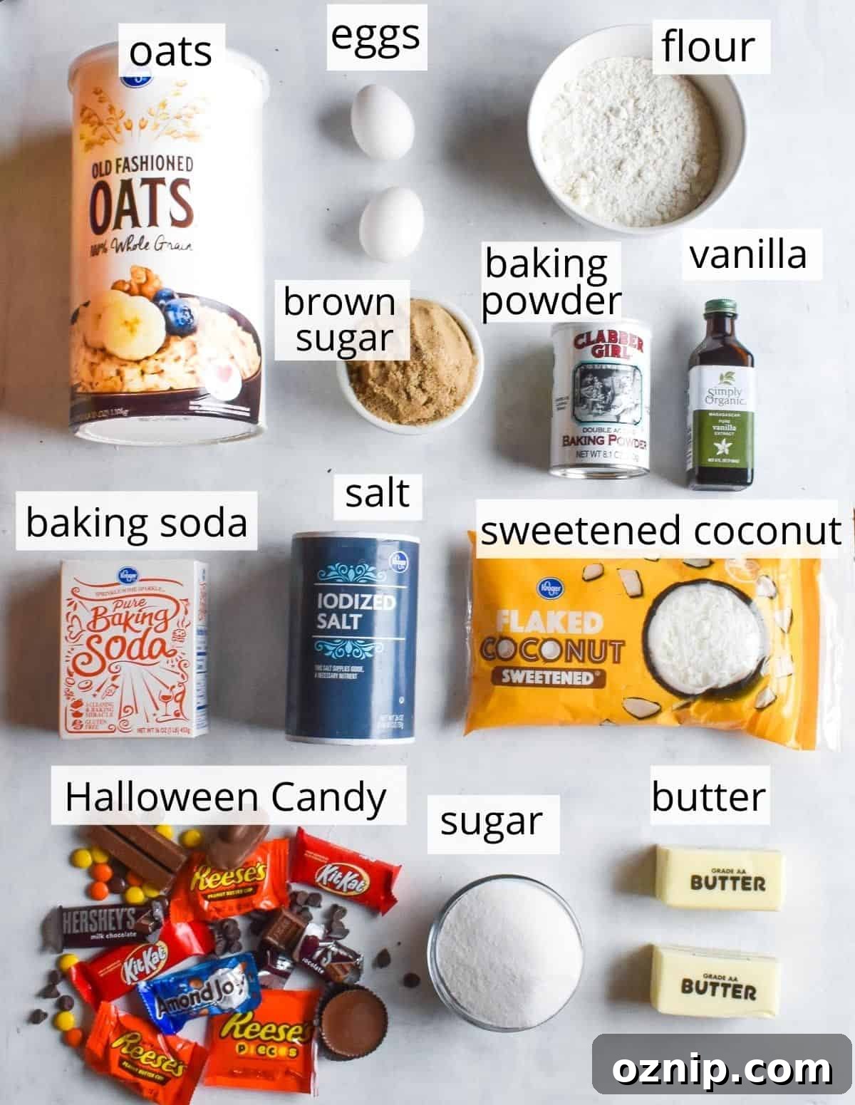 Halloween Candy Cookie Bars with Leftover Candy 3 ingredients for cookie bars with labels.