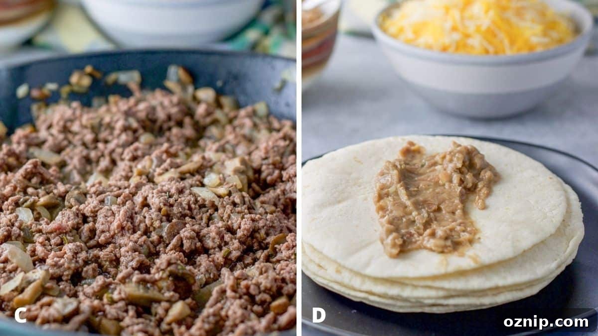 Cheesy Ground Beef Enchiladas with Red Sauce 4 Left - a pan with ground beef sautéed with the veggies. Right - beans smeared on a tortilla with cheese in the background