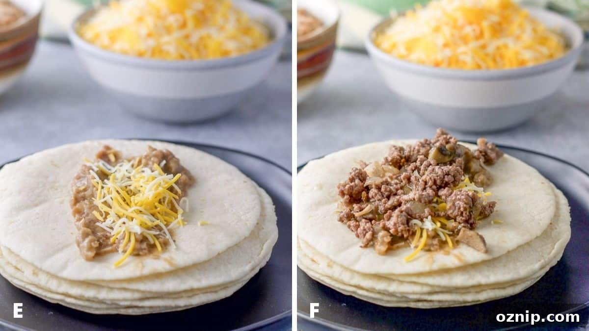 Cheesy Ground Beef Enchiladas with Red Sauce 5 Left - Cheese added to the beans on the tortilla. Right - ground beef added on the cheese on the tortilla