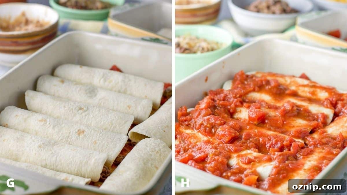 Cheesy Ground Beef Enchiladas with Red Sauce 6 Left - enchiladas rolled and put in a baking dish. Right - enchilada sauce spooned on the enchiladas