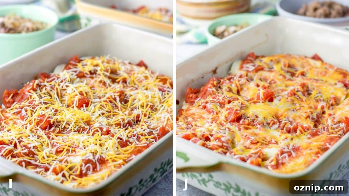 Cheesy Ground Beef Enchiladas with Red Sauce 7 Cheese added to the pan of enchiladas and then melted in the oven