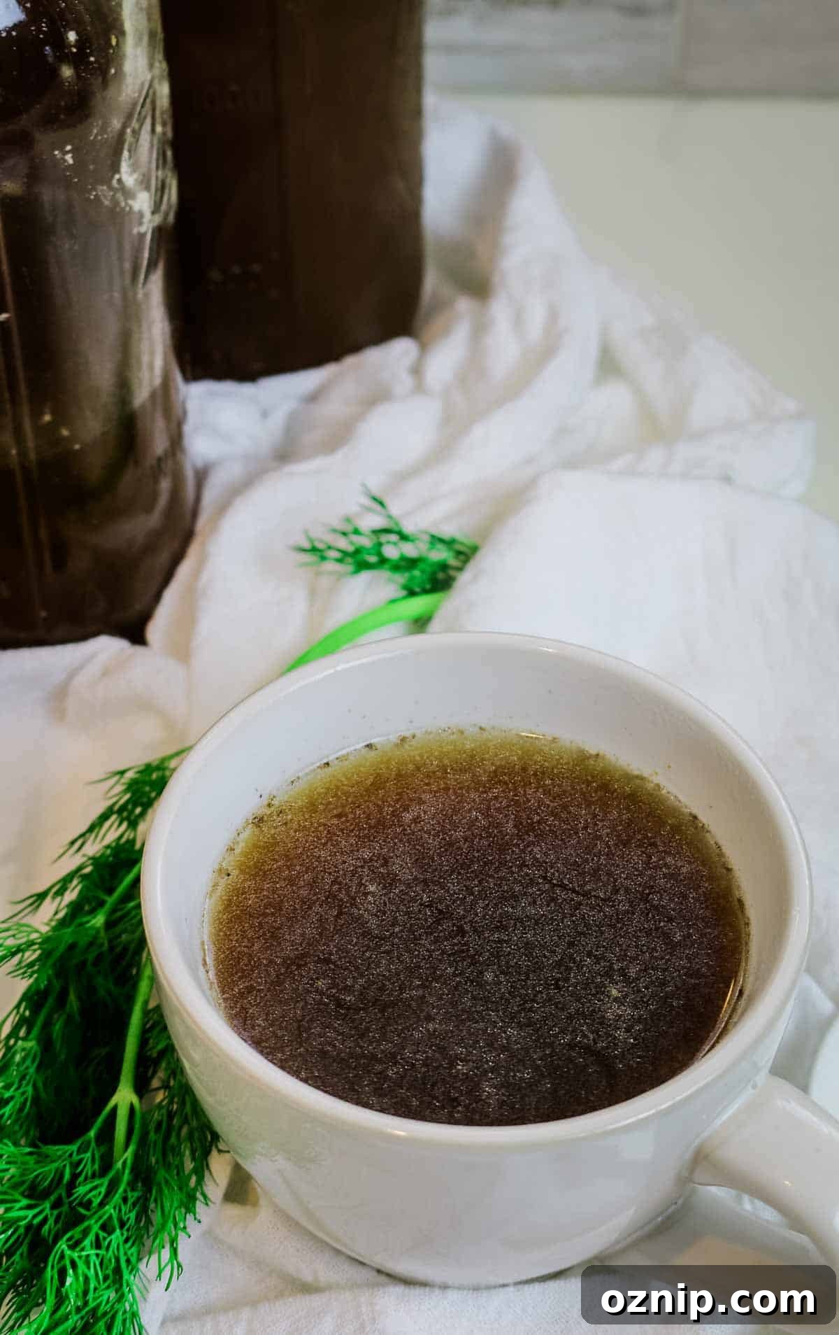 beef bone broth in a mug.
