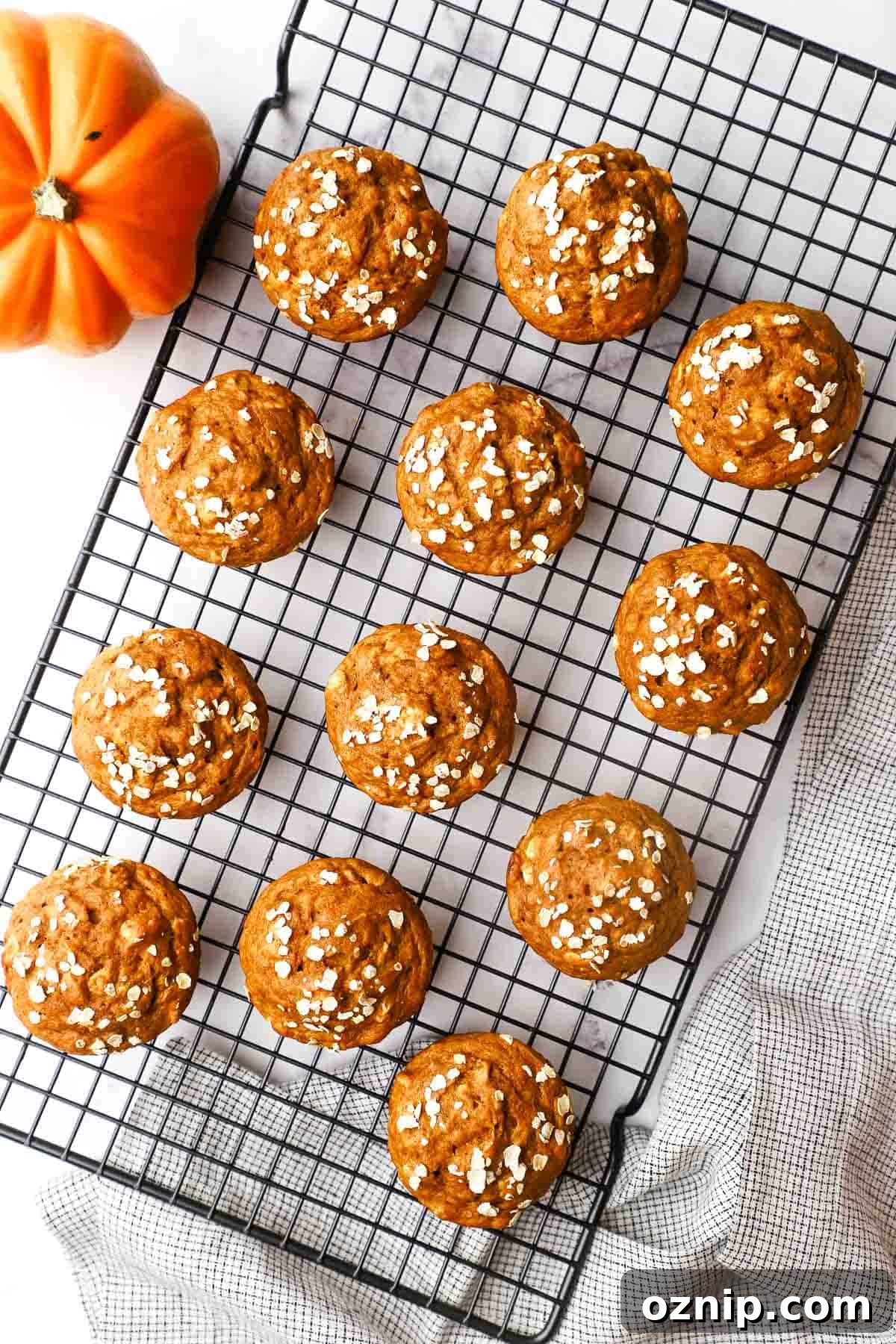 baked pumpkin oatmeal muffins on a cooling rack