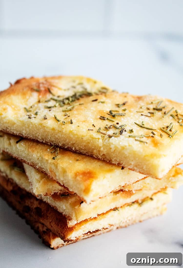 side view of slices of keto gluten-free rosemary flatbread
