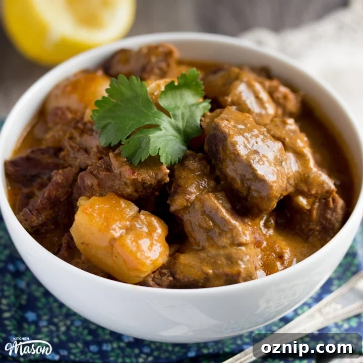 beef massaman curry in a white bowl