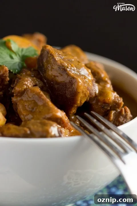 beef massaman curry in a white bowl