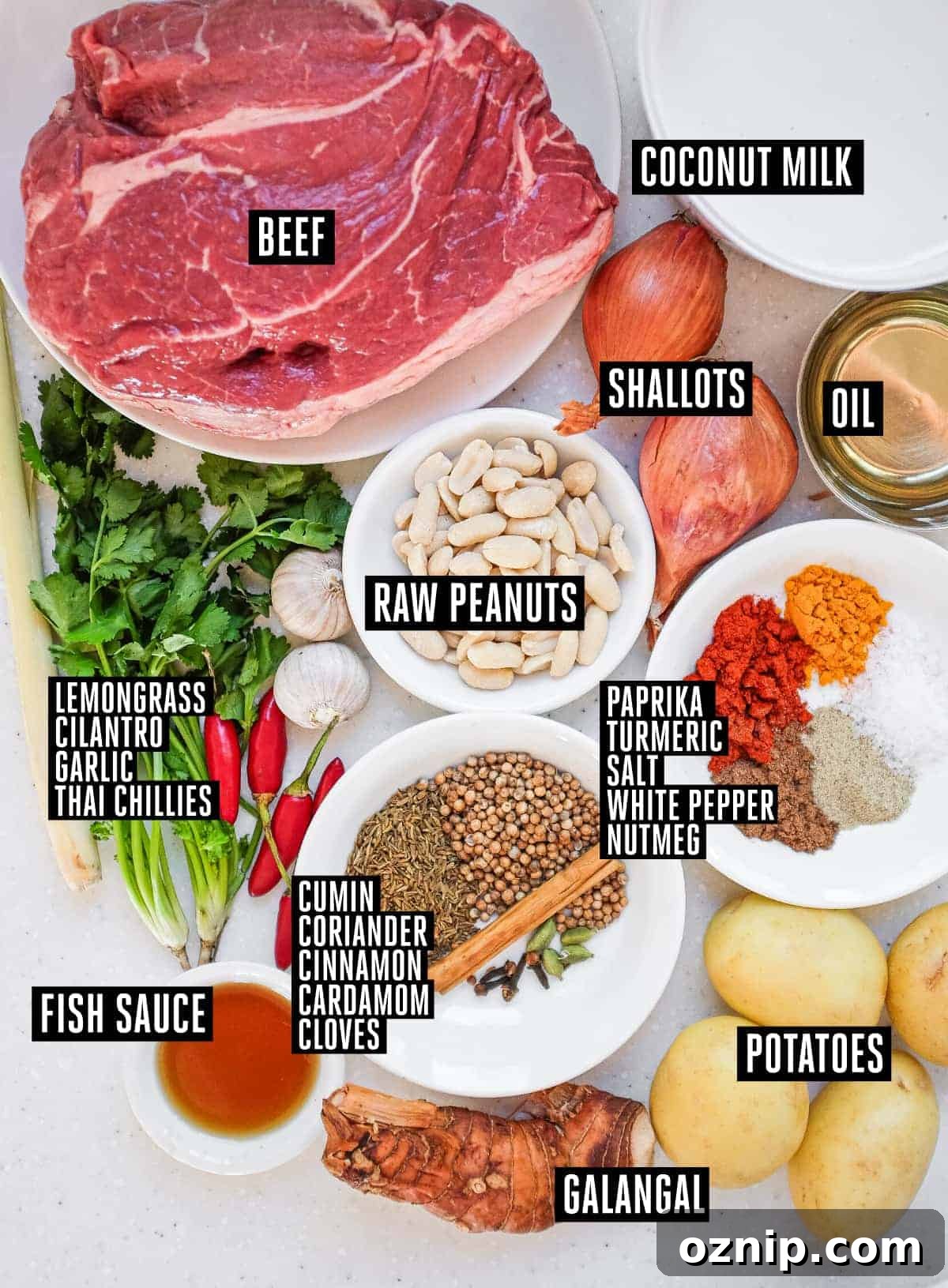 The labelled ingredients for a Thai Massaman curry.